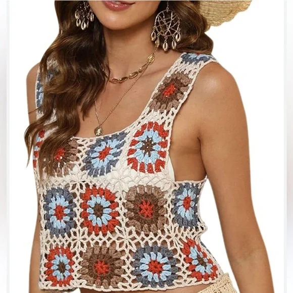 Altar'd State Maya Crochet Medallion Tank Top ivory fall color pattern sz M used - Picture 5 of 9